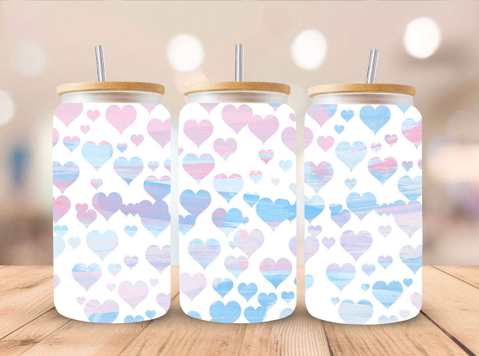 Blue & Pink Hearts Frosted Glass Cup